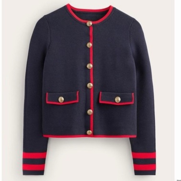 Boden Sweaters - Boden Holly Cropped Knitted Jacket in Navy with Red Trim 100% Cotton